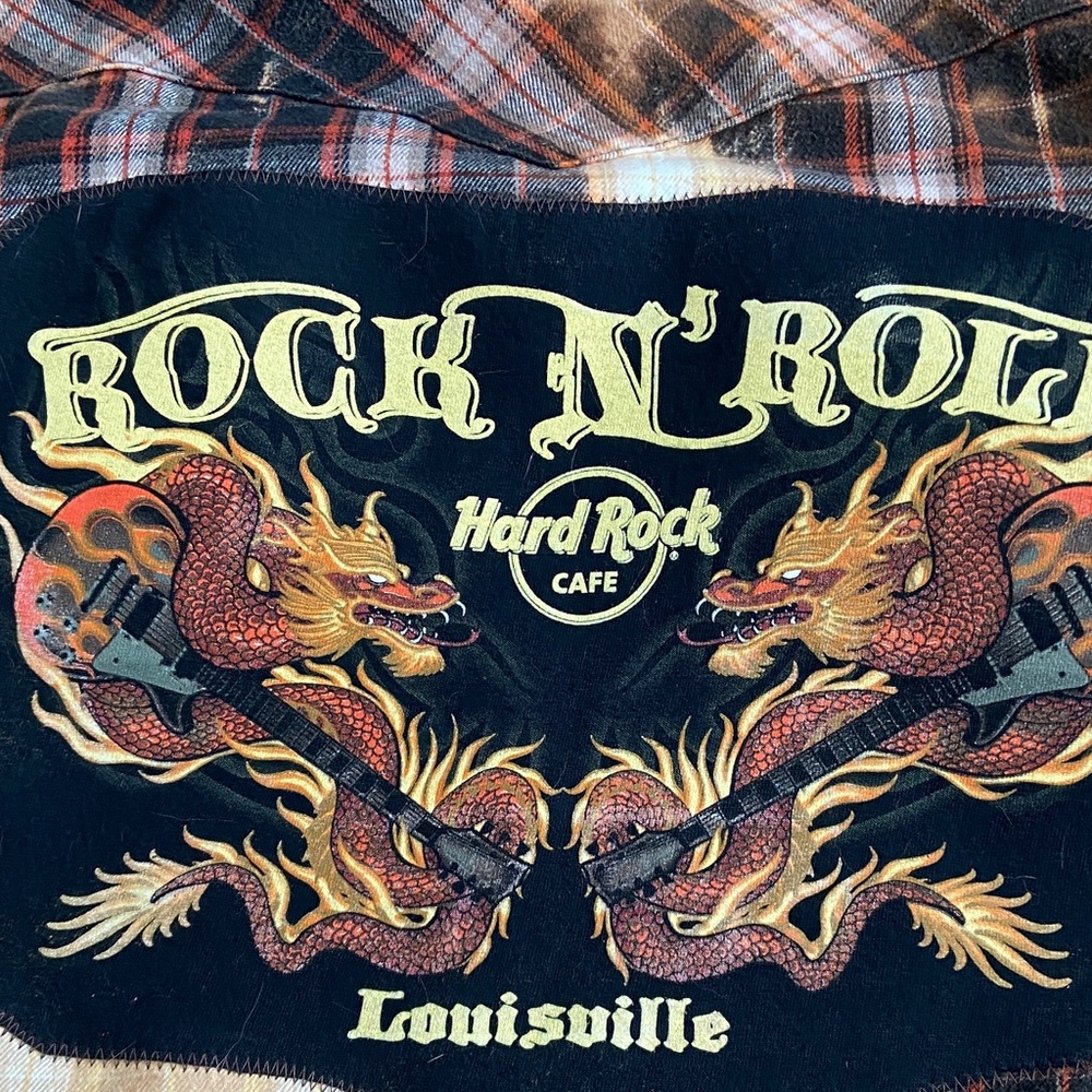 Handcrafted Distressed Flannel Shirt with Hard Rock Graphic - Picture 7 of 7